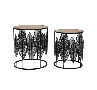 LEAF COFFEE TABLE SET 2ΤΕΜ ΜΑΥΡΟ ΦΥΣΙΚΟ 40x40xH45cm