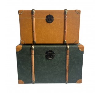 SADAR CHESTS SET 2PCS 64x40x40cm MDF OLIVE GREEN MUSTARD FABRIC
