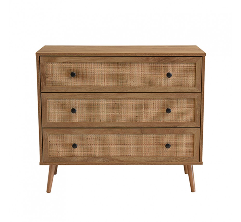 AMMOS COMMODE 3DRAWERS CHIPBOARD WITH MELAMINE CARTA NATURAL WITH RATTAN E1 PRC