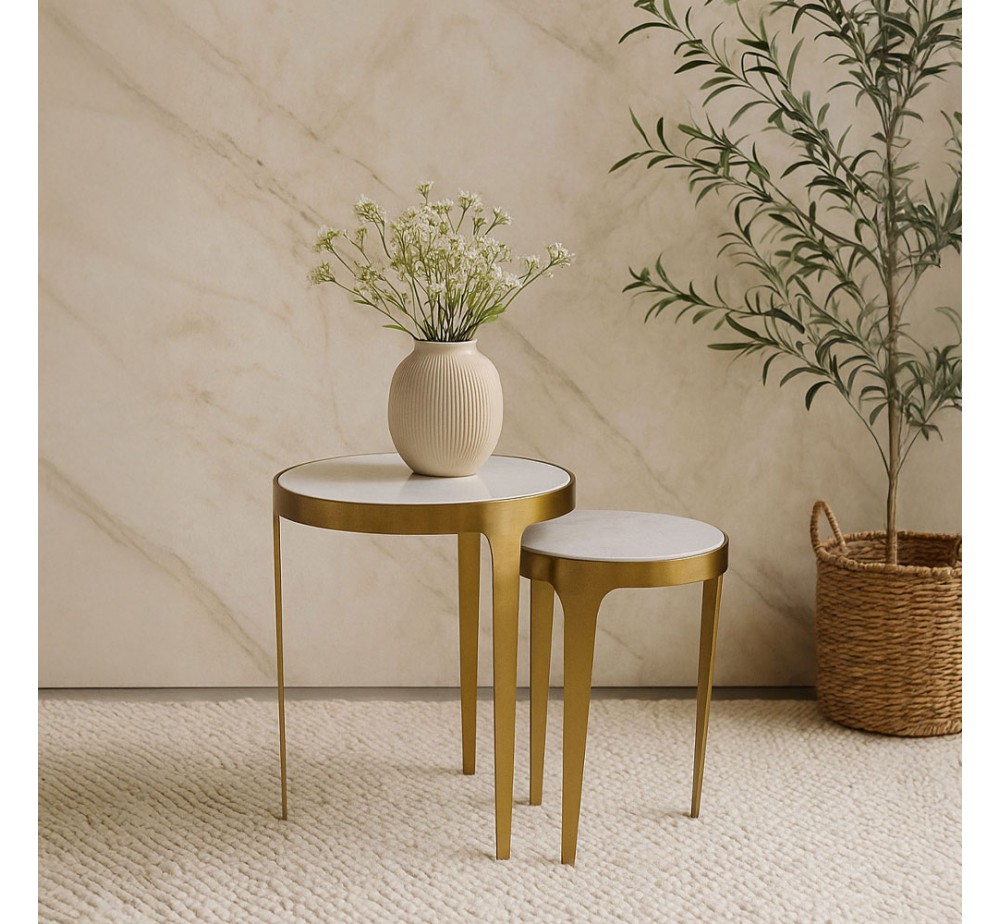 STICKS SIDE TABLE SET 2ΤΕΜ ΛΕΥΚΟ ΧΡΥΣΟ 37x37xH54,5cm