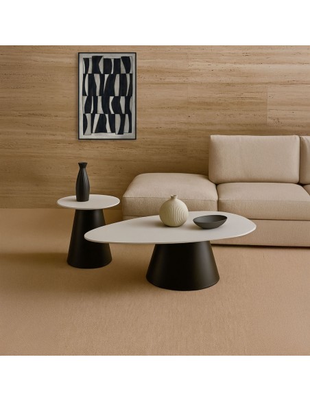 OVO COFFEE TABLE SET 2PCS WHITE WITH MARBLE PATTERN BLACK 129x69xH38cm